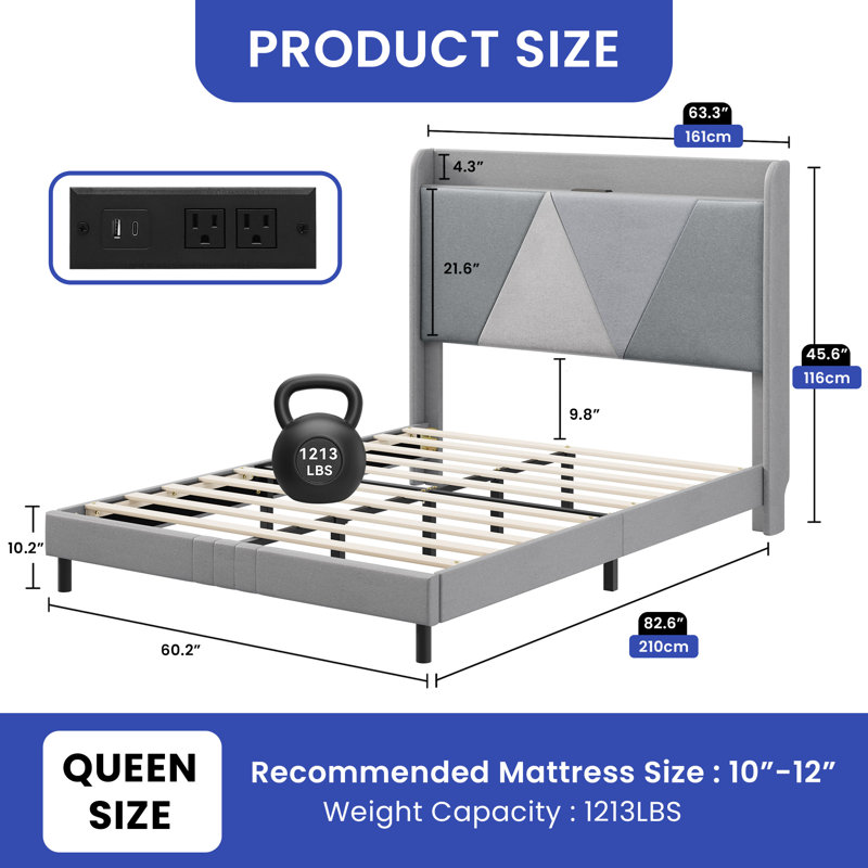 Gibram Upholstered Wingback Bed, Queen, Gray