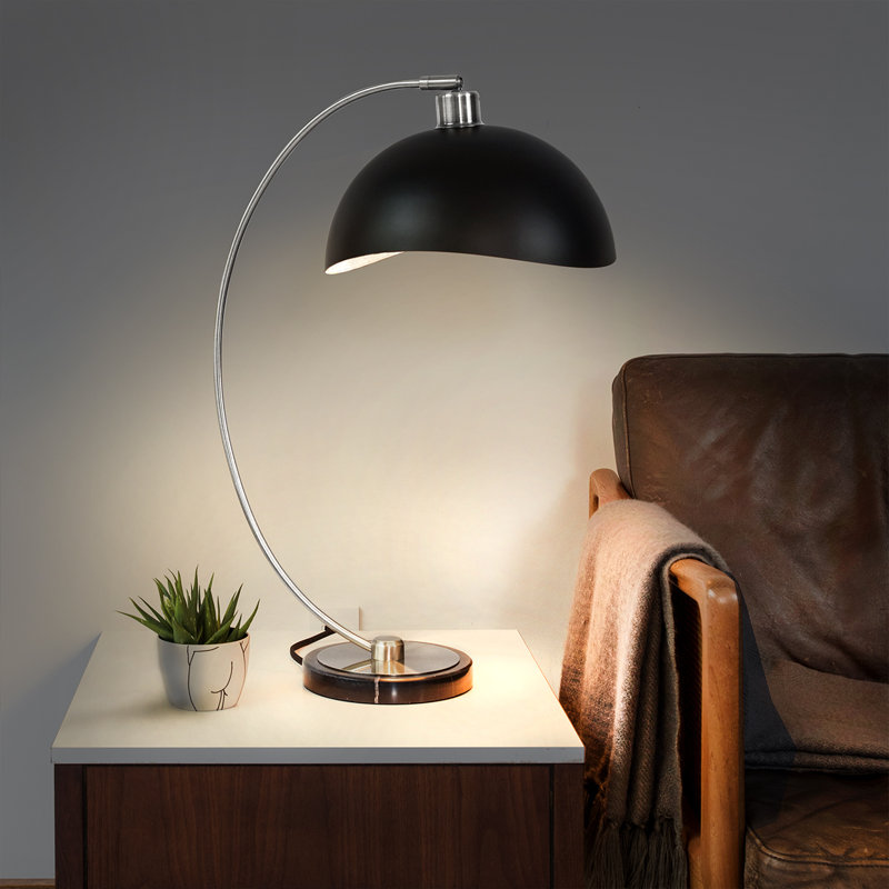 Luna Bella Table Lamp - 28", Antique Nickel, Matte Black/Silver-Leaf Shade, Marble Base, Dimmer Switch, Matte Black, Black