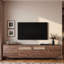 Meuble télé moderne avec tiroirs, espace de rangement et décoration en rotin entrelacé