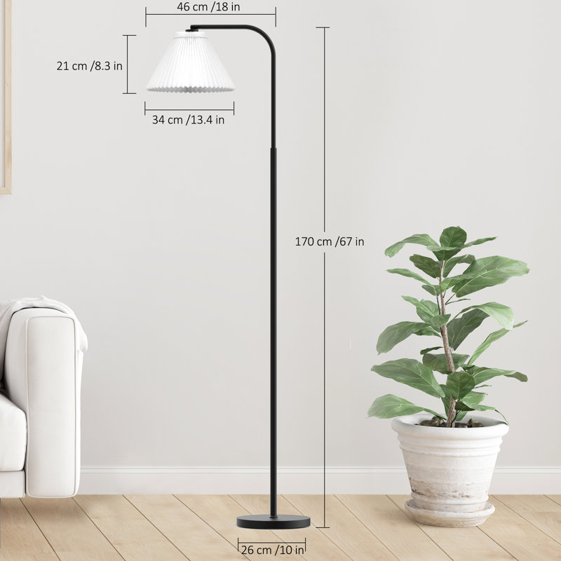 Lampe sur pied arquée avec télécommande, ampoule incluse et abat-jour en tissu plissé
