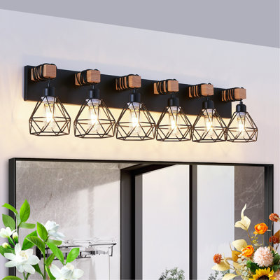 Luminaire de meuble-lavabo géométrique moderne à 38 lumières de 38 po avec métal noir, accents en bois et abat-jour cage pour la salle de bain, la chambre à coucher ou le salon (ampoule non incluse)