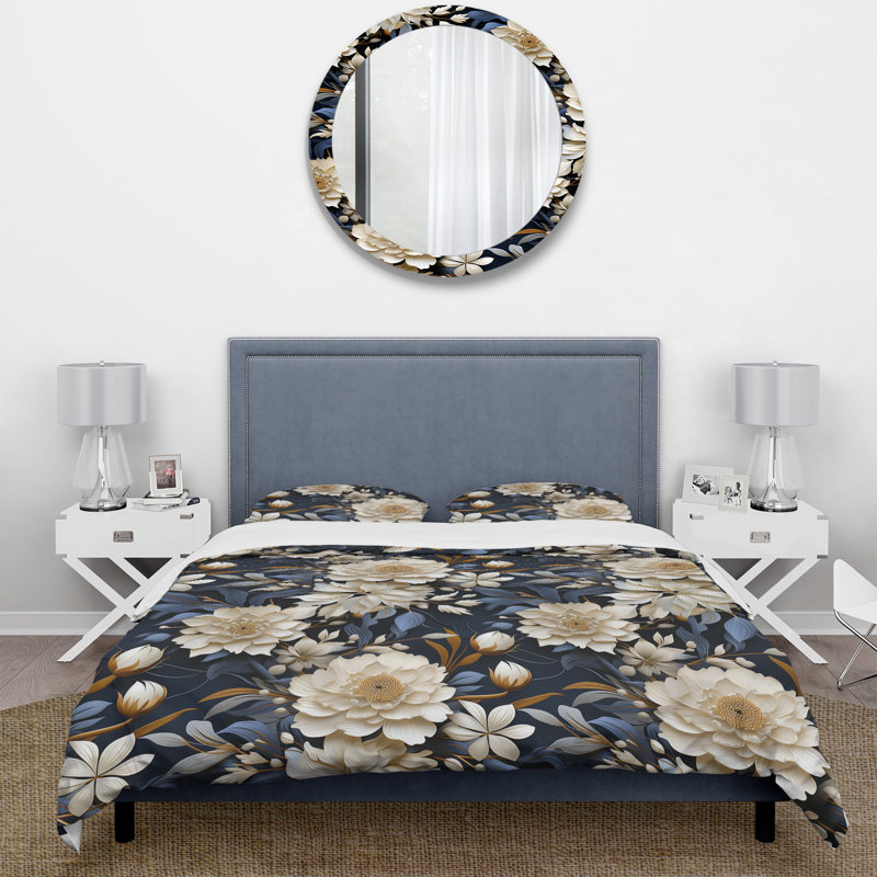 Ensemble de housse de couette Industrial Ivory & Blue Fusion Floral, Housse de couette simple + 1 taie décorative stan
