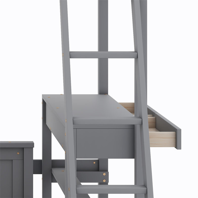 Icaro Bunk Bed with Desk, Gray, Twin Over Full