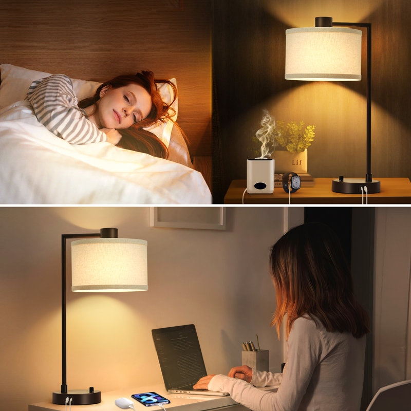 Navreet Table Lamp Set with USB C+A Charging Ports Fully Stepless Dimmable Bedside Lamp (Bulbs Included), Dark Brown