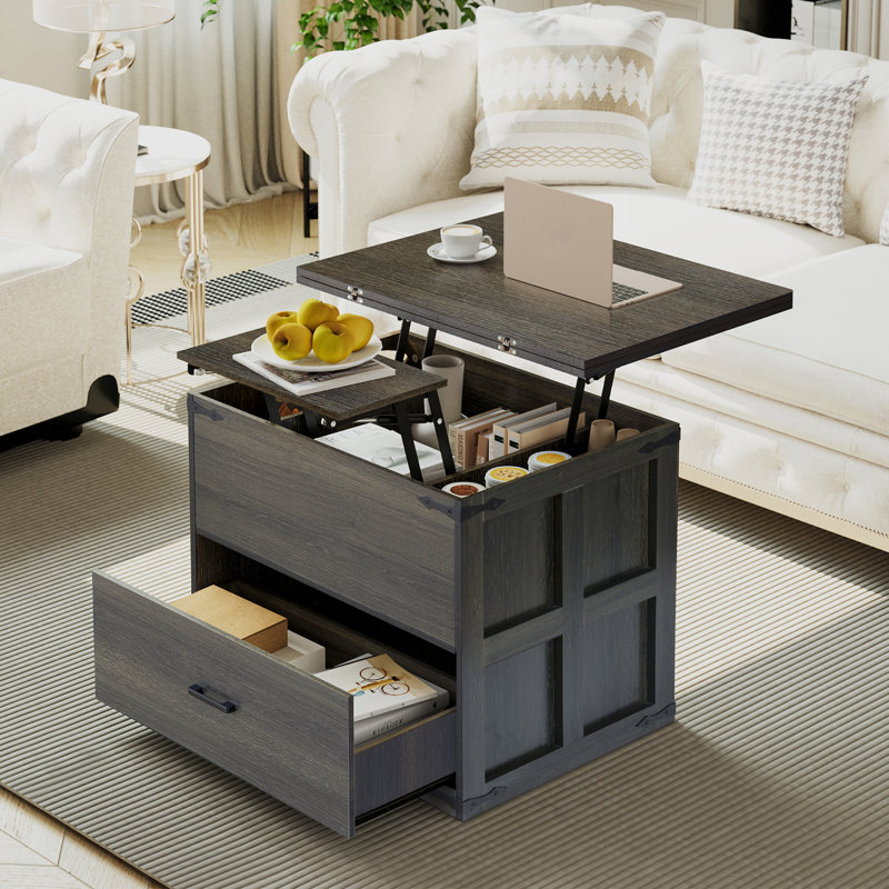 Wynny Farmhourse Wood Square Coffee Table, Lift Top Coffee Table with 4-in-1 Storage, Dark Gray