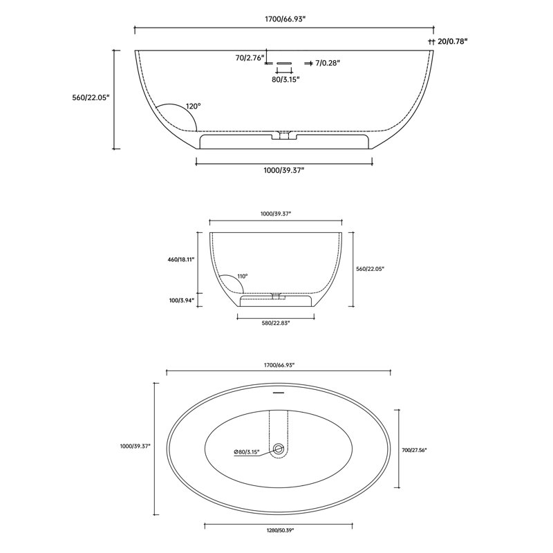 67" Freestanding Solid Surface Soaking Oval Bathtub, White