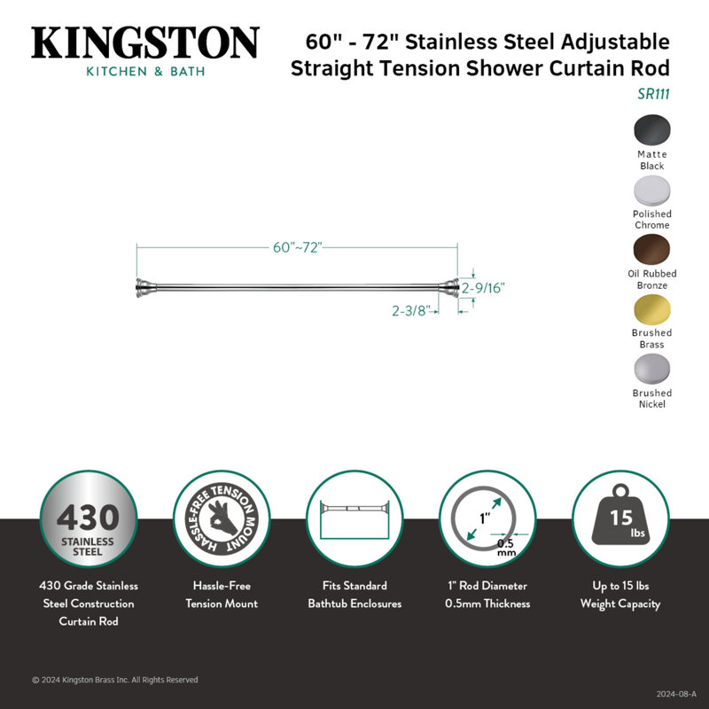Matte Black Adjustable Stainless Steel Shower Curtain Rod, 60-72 Inches