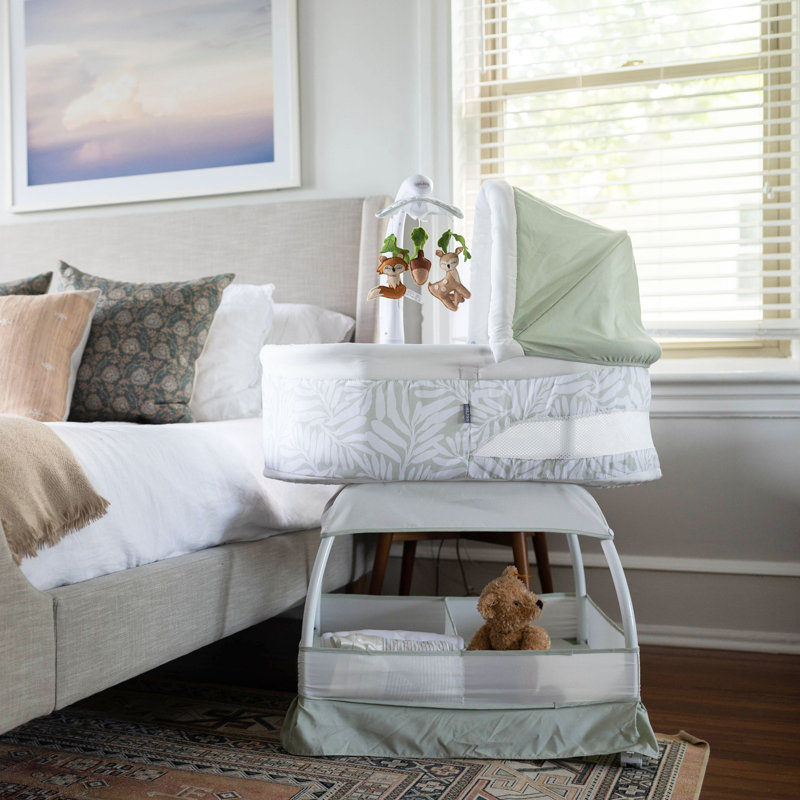 Bassinet with Bedding with Mattress, Sage Fern Leaves