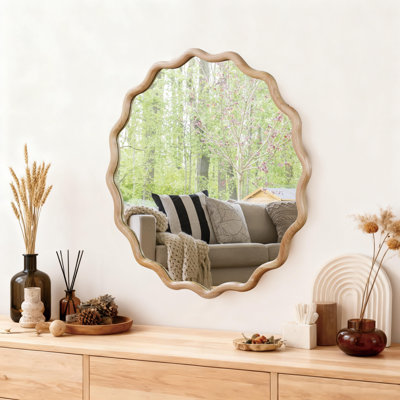 Miroir décoratif rond en bois naturel ondulé 30 po