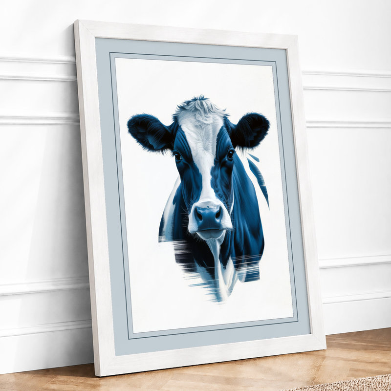 Blue Cow Portrait Modern - Framed Print, A2 - 59.4 x 42.0 cm, White