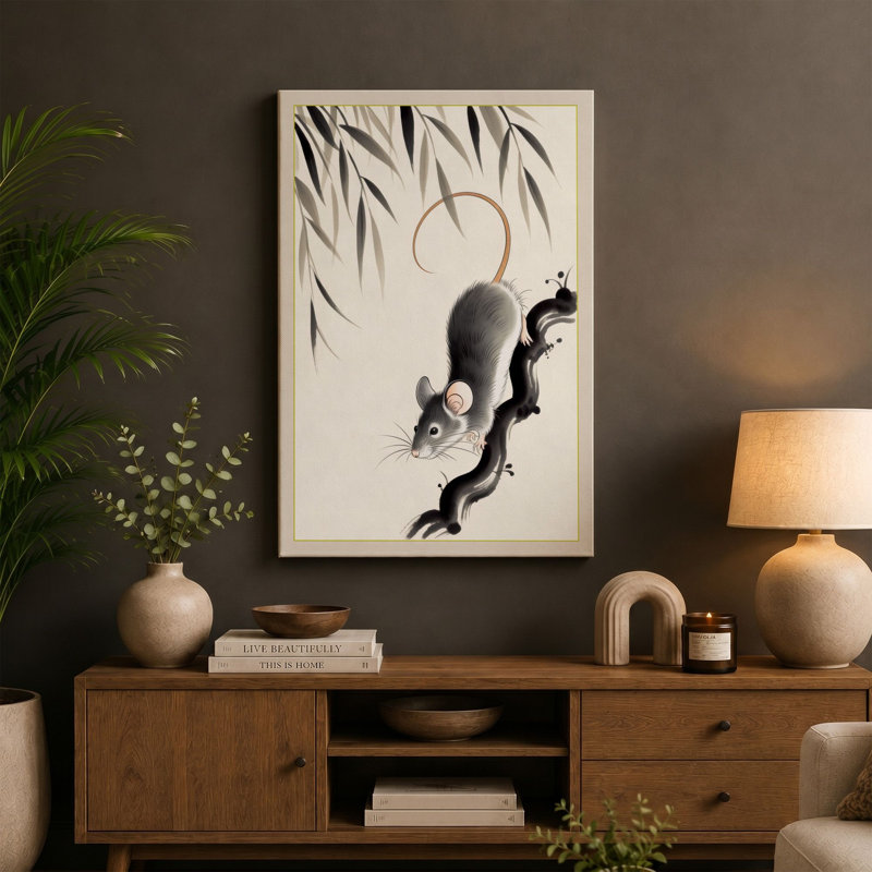 Squirrels Among Willow Japandi - Wrapped Canvas, 24x16 - 61.0 x 40.6 cm, Black Border