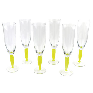 Set of 6 Handblown Recycled Glass Champagne Flutes in Yellow - Yellow  Strokes