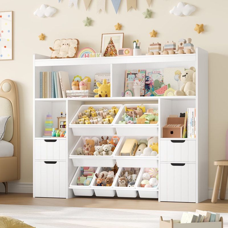  Bookcase with toys Organizer, 4 Removable Drawers, White
