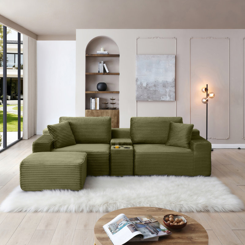 Canapé modulaire modulaire, canapé en nuage de velours côtelé à siège profond avec porte-gobelets, ports USB et boîte de rangement, canapé-lit, canapé sans dossier avec repose-pieds mobile pour le salon, aucun assemblage requis, vert