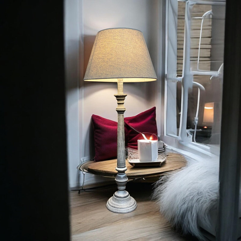 Hand-Finished Pamphile Wooden Table Lamp with Fabric Shade, Country Style Design, Perfect for Bedroom, Side Table Décor