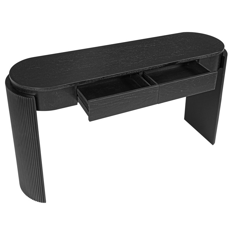 Table basse en grain de bois naturel avec pieds cannelés - plateau ovale, 2 tiroirs et amp; Gain de place pour les salons