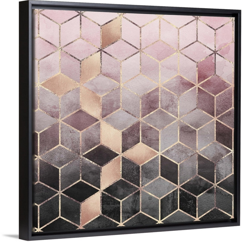 «Pink Grey Gradient Cubes», reproduction d'impression sur toile, Cadre flottant noir, H 31,7 po x l 31,7 po x P 1,75 po