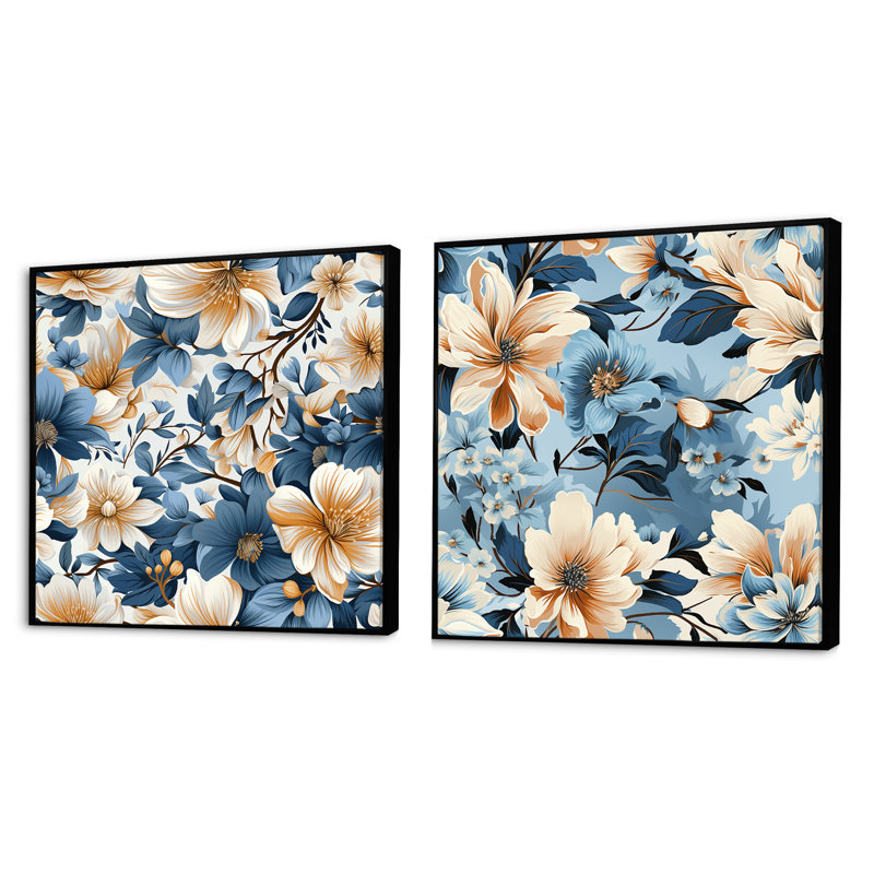 Blue Retro Finesse Floral Motif III - ensemble de 2 collages floraux carrés, Cadre flottant noir, H 16 po x l 33 po