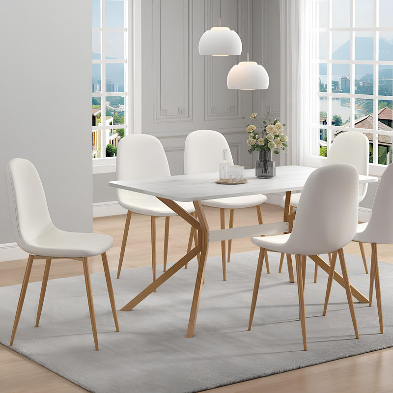 6-Piece White Fabric Upholstered Dining Side Chairs With Wood Grain Metal Legs For Kitchen, Dining Room, Living Room