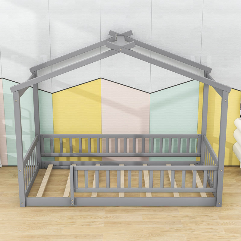 Vonie Wood Daybed with Roof and Slats, Gray, Twin