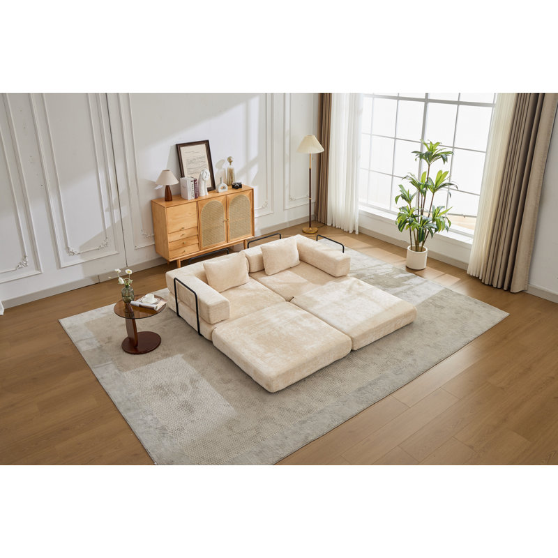 Canapé à compression, canapé-lit au sol convertible avec structure de forme fixe, canapé modulaire LonSeaBoneless, sans assemblage requis, tissu chenille, pour la chambre du salon, beige