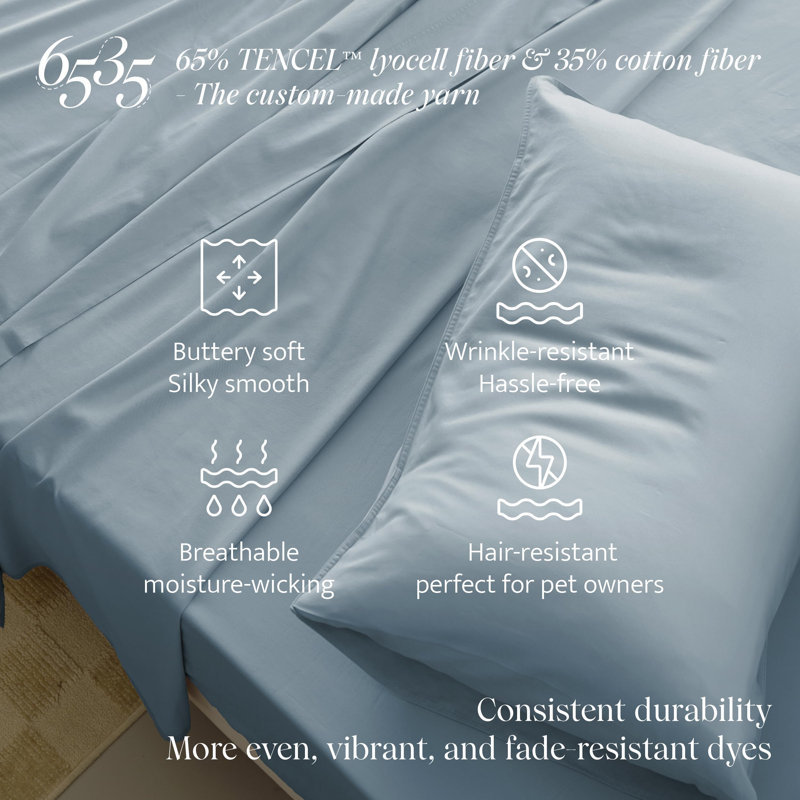 Double Stitch By Bedsure Cotton Tencel Fitted Sheet, Queen Fitted Sheet, Sterling Blue