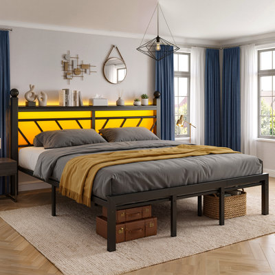 Cadre de lit en métal avec lumières à DEL et station de charge, cadre de lit avec tête de lit et pied de lit avec tablettes de rangement et rangement sous le lit, sans bruit