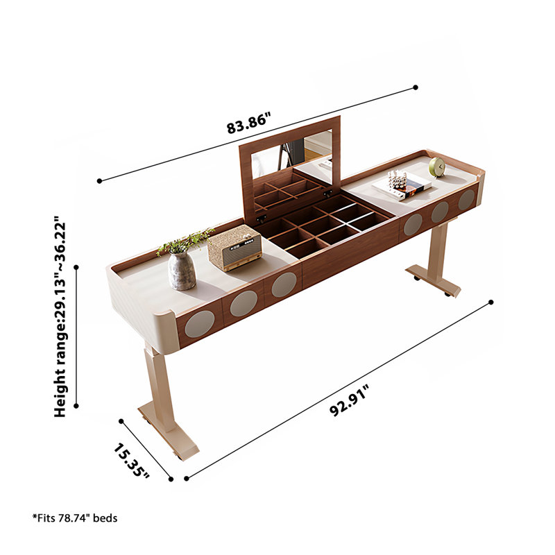 Bureau au-dessus de lit réglable en hauteur en bois massif 92,91 "Beige, 29.13" H x 92.91" W x 15.35" D