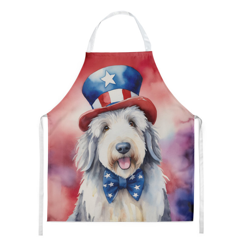 Patriotic American Apron, White/Gray Old English Sheepdog
