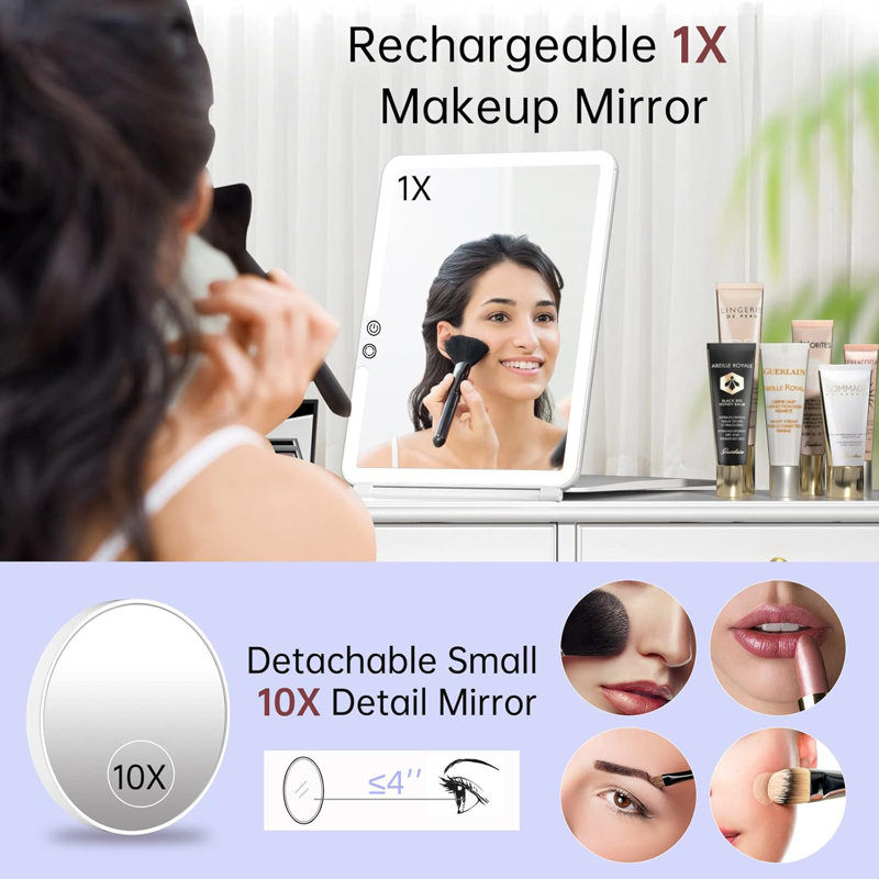 Miroir de maquillage de voyage moderne pliable à DEL 10X, Blanc