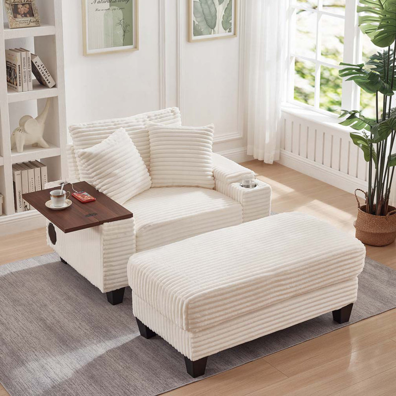 Corduroy Storage Armchair with Ottoman,Cup Holder,Bluetooth Speaker,USB Ports,180°Rotating Table Board, White