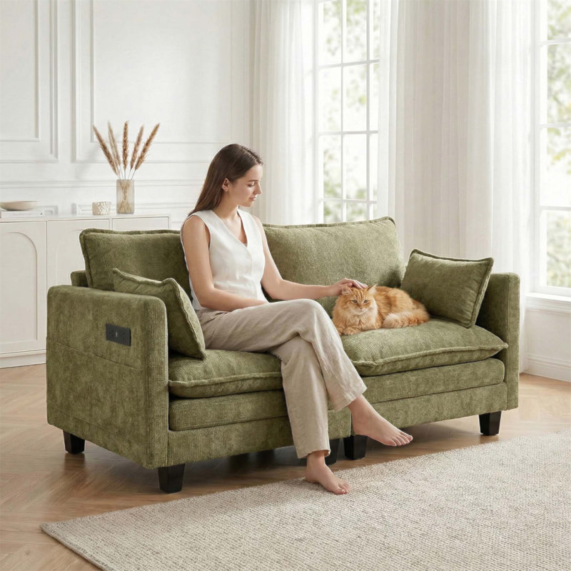 Canapé moderne en chenille, canapé compact à 2 places avec deux ports de chargement USB et poches latérales, idéal pour les petits espaces