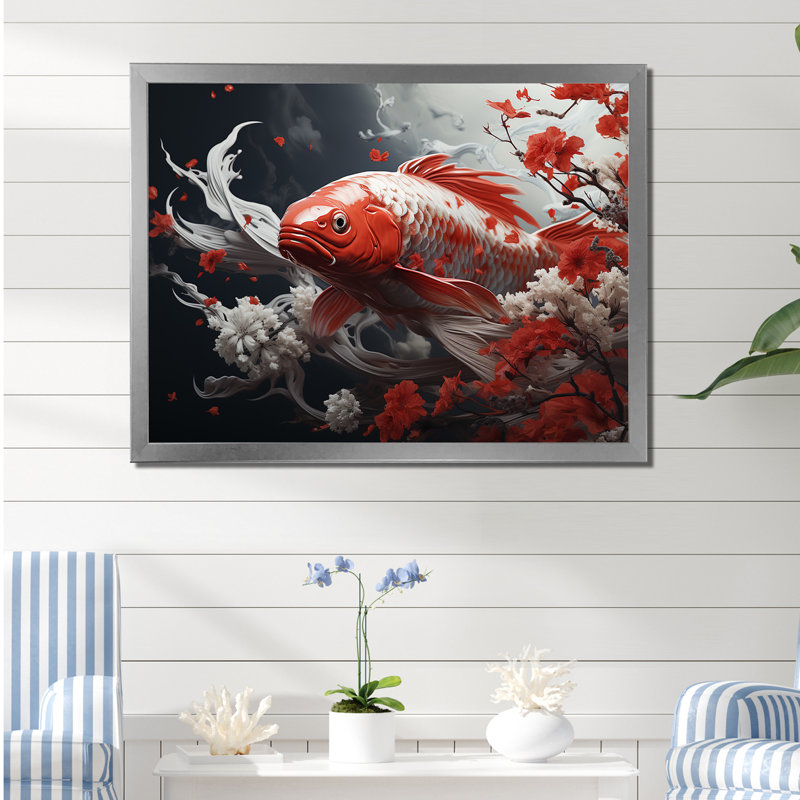 Kois rouge et gris nageant avec sérénité IV sur toile, Cadre simple argenté, H 30 po x l 40 po x P 1,5 po
