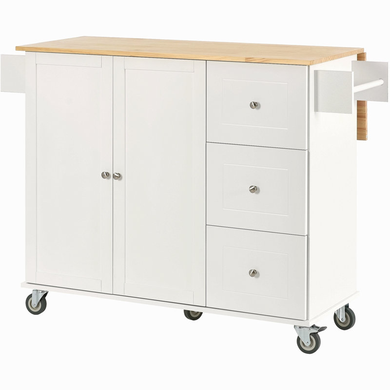 Îlot de cuisine mobile à roulettes avec plateau en bois massif et roulettes verrouillables, largeur de 52,7 po, armoire de rangement et bar à abattants, support à épices, porte-serviettes et tiroir