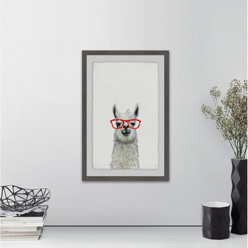 Red Trendy Llama - Painting, Brown Framed, 61cm H x 41cm W