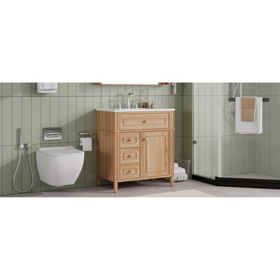 Meuble-lavabo de 30 po avec lavabo, meuble-lavabo en bois avec tiroir rabattable, 2 tiroirs à fermeture en douceur, 1 porte à fermeture en douceur, bois massif et panneau de fibres à densité moyenne, poignées en bois élégantes, meubles-lavabos