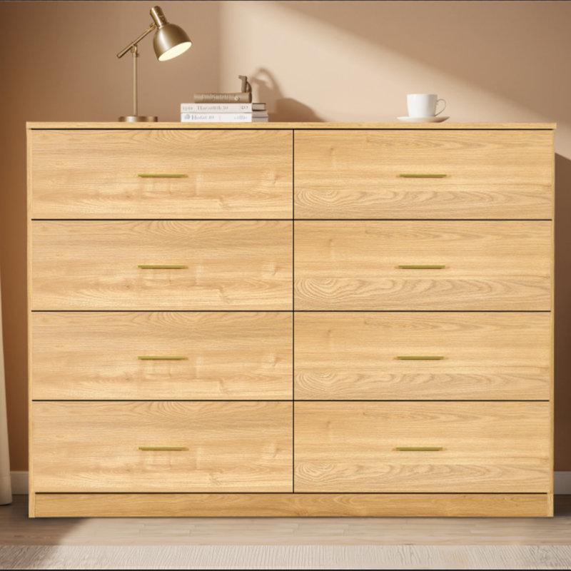 Commode 8 tiroirs pour la chambre à coucher - Vaste commode de rangement, robuste, Naturel