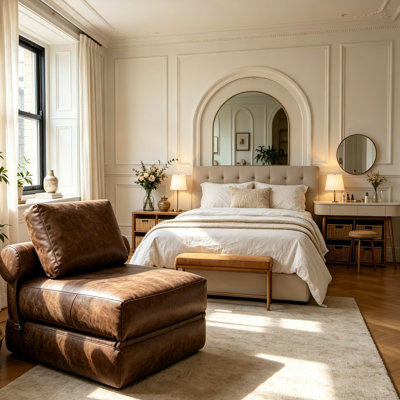 Pouf convertible marron, fauteuil lounge rembourré de mousse et recouvert de tissu technique aspect cuir, idéal pour le salon, la chambre ou un appartement.
