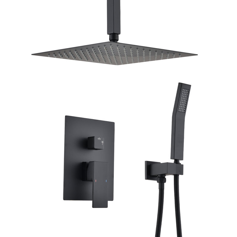 Ceiling-Mounted Shower Assembly In Matte Black - 12" Head & Handheld Natural Rainfall Copy Self-Cleaning Nozzle Brass Made Item Ceiling System And Simulates Spout Product