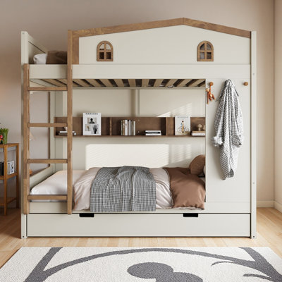 Bunk Bed With Trundle And Storage Shelves, Solid Wood Bunk Beds With Hooks, No Box Spring Needed