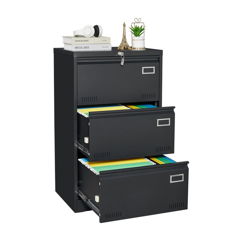 Filing Cabinet Lateral File Cabinet 3 Drawer, Blcak Locking Metal File Cabinets Three Drawer, Office Filing Cabinet With Lock Drawers For Home Office/Legal/Letter/A4/F4