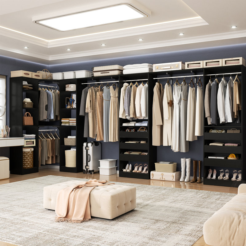 Système d'organisation 159 po x 39 po avec porte et tiroirs en bois (largeur réglable), Noir