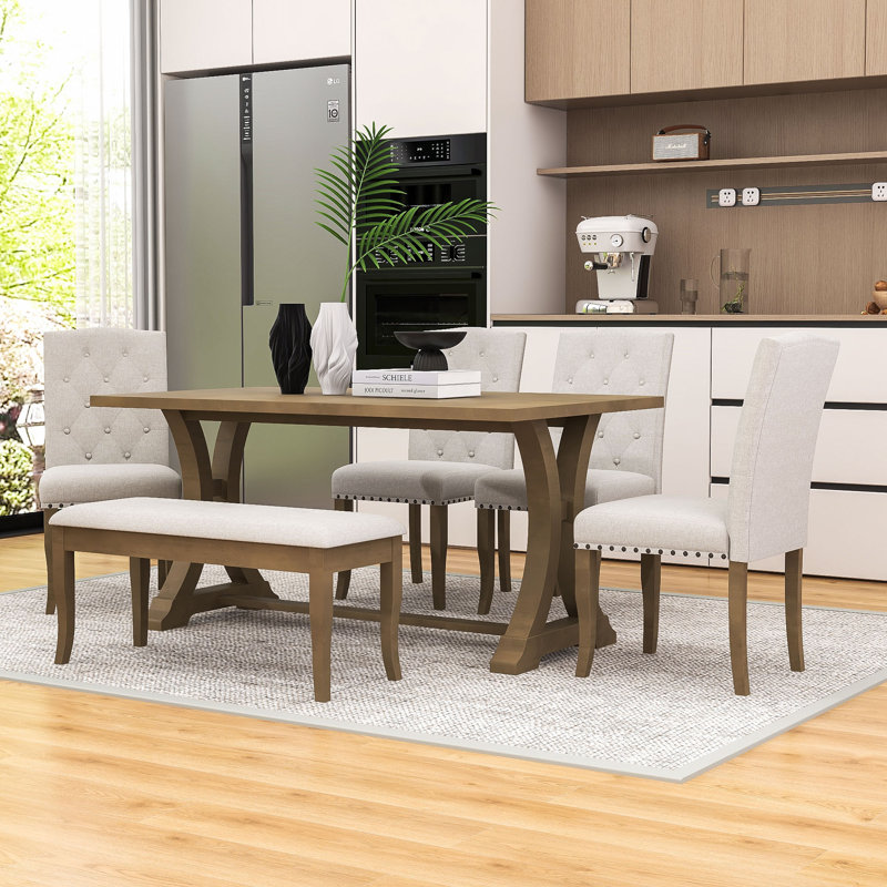 Bembow 6 - Piece Trestle Dining Set, Rectangular Trestle Table, Upholstered Chairs and Bench, Natural Wood Wash