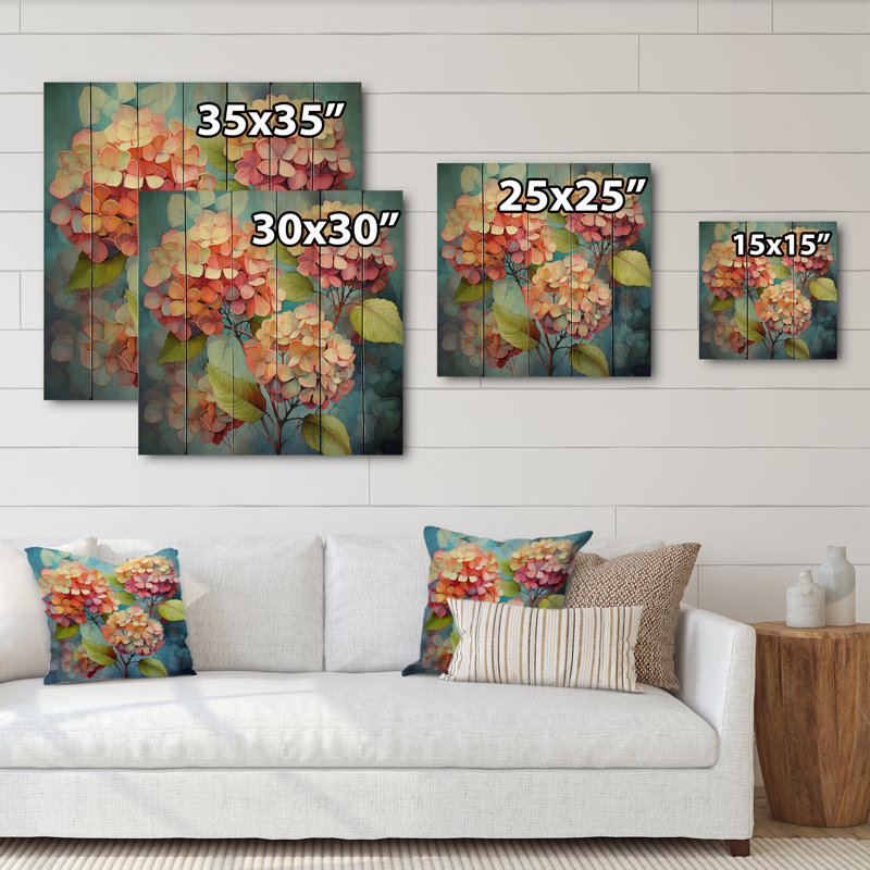«Janelisse Coral Hydrangea Whimsical Whispers» sur impression sur bois, H 15 po x l 15 po x P 0,78 po