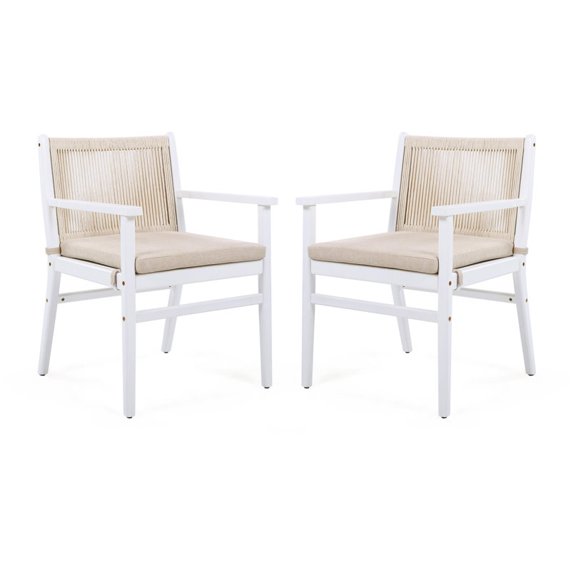 Fauteuil d'extérieur pour 2 personnes en bois avec dossier en corde, coussin imperméable, structure blanche, capacité de charge de 400 lb, fixation du coussin lavable à la machine, conception ergonomique confortable, s'adapte à la terrasse