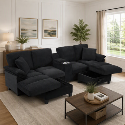 Canapé d'angle moderne en velours côtelé en forme de U avec poufs de rangement, porte-gobelets et ports de chargement USB pour un confort optimal dans votre salon.