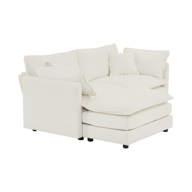 Canapé en chenille deux places avec repose-pieds, canapé modulaire en L avec repose-pieds 2 places, causeuse avec repose-pieds pour petit espace de vie, chenille blanche