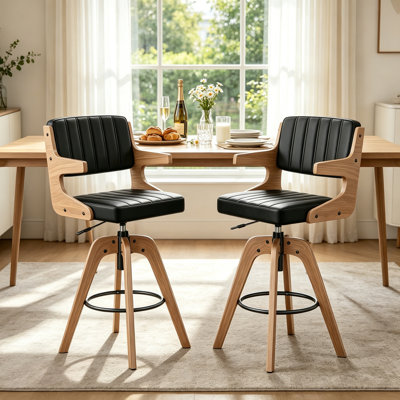 Mid Century Modern Counter Height Bar Stools Set of 2, 360° Swivel Barstools with Wood Legs, Faux Leather Upholstered Island Chairs with Backrest