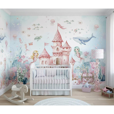 Murale de sirène rose sous l'eau, créatures de la mer, baleine, aquarelle fantaisiste, décoration murale pour enfants
