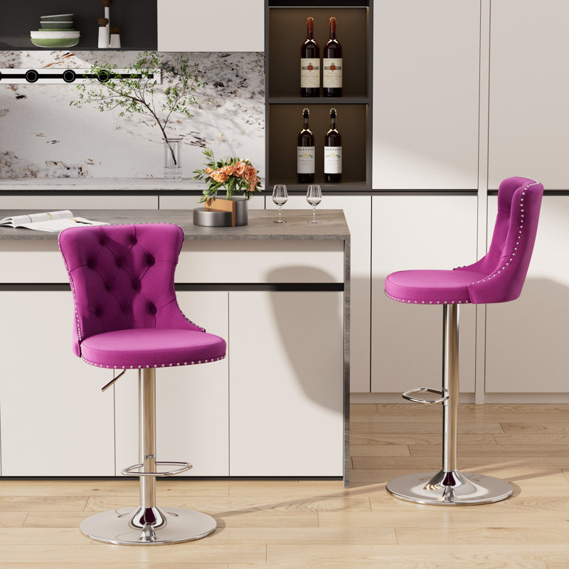 Tabouret de bar pivotant en velours à hauteur réglable avec structure en métal (ensemble de 2), Argent, Mauve
